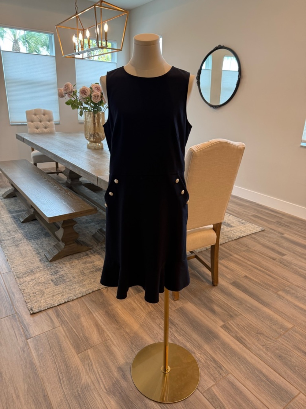 Sleeveless Navy A-Line Fit and Flare Dress with Pearl Pocket Accents (Loft)